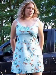 Cute fatty shows her carefully shaven twat hole alfresco